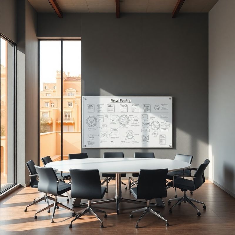 Sala de reuniones con diagramas de planificación fiscal en un panel de vidrio